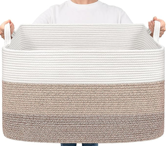 Goodpick Large Woven Blanket Basket 23.6" x 15.7" x 13.8" Cotton Rope Storage Organizer for Dirty Clothes Pillows, Soft Toy Storage Basket for Nursery Home Decor, White & Light Brown