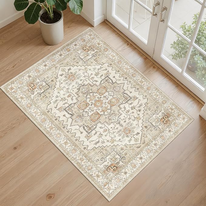 2x3 Entryway Rug Washable Area Rug 2x3, Small Non-Slip Vintage Door Mat, Low Pile Floor Carpet for Bedroom Kitchen Entry(2'x 3',Gold)