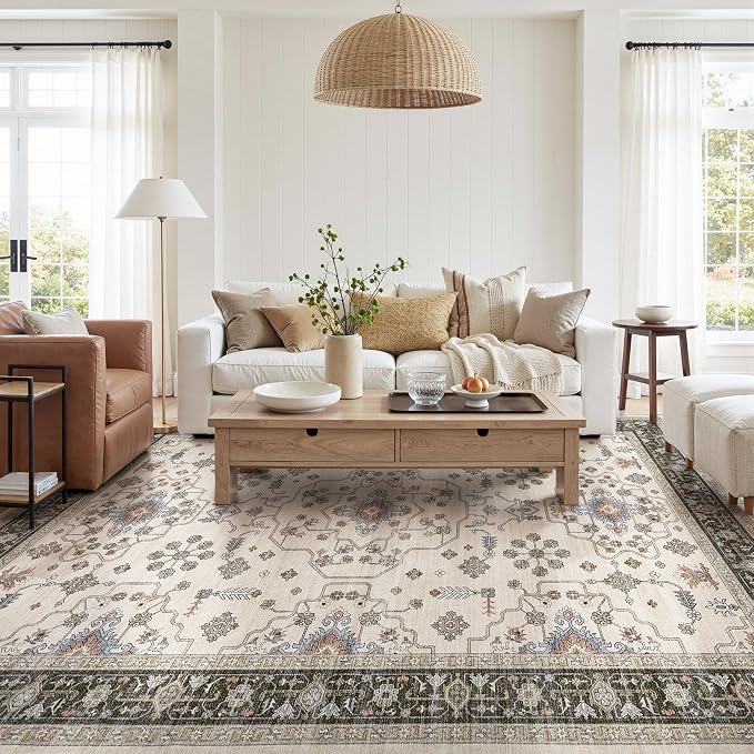 7x9 Area Rugs for Living Room - Large Carpet Ultra Thin Soft Washable Oriental Vintage Floral Distressed Big Indoor Carpets for Bedroom Nursery Dorm Home Decor Aesthetic - Brown Black