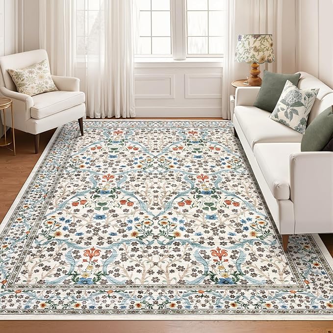 GarveeHome 8x10 Area Rugs, Washable Rugs for Living Room Non Slip Stain Resistant Ultra Soft Floral Rug, Boho Carpet Floor Mat for Bedroom Dining Room Nursery Playroom Office, Beige