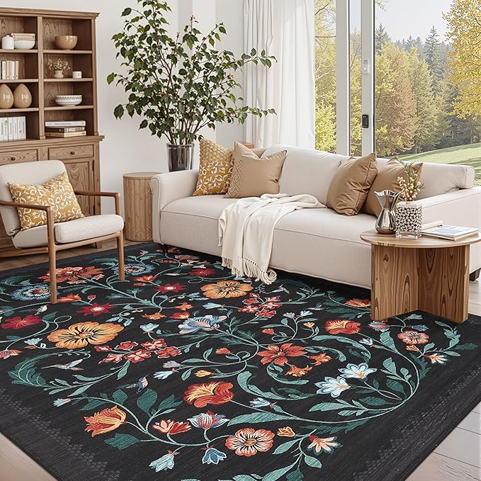 GarveeHome Washable Rug 9x12 Area Rugs for Living Room, Floral Rug for Bedroom, Soft Vintage Non Slip Throw Rugs with Rubber Back, Low Pile Stain Resistant Boho Floral Carpet for Dining Room, Black
