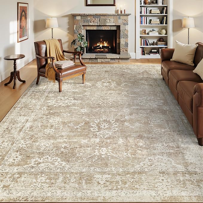 Madane Washable 6x9 Area Rugs for Living Room, Vintage Neutral Rug with Non-Slip Backing, Soft Stain Resistant Throw Rugs Thin Carpet for Bedroom Dining Room Farmhouse (6 x 9, Beige/Brown)