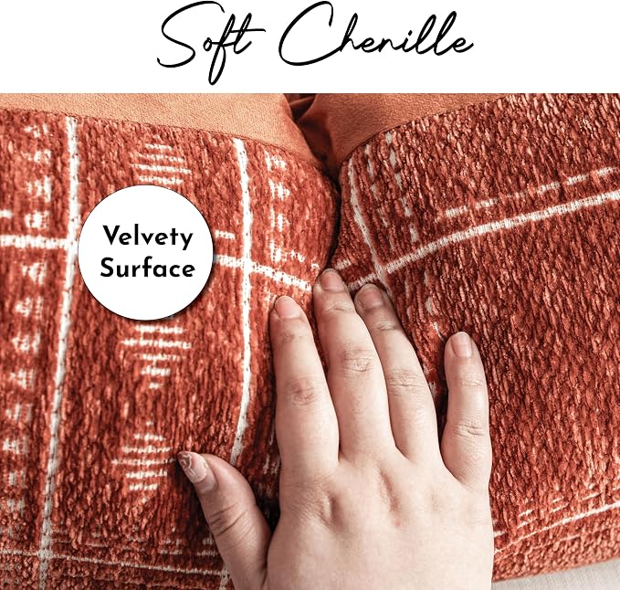 BlissBlush Decorative Throw Pillow Covers 20x20 Set of 2, Boho Textured Chenille Accent Throw Pillow Covers for Couch Sofa Bed Living Room Home Décor, Terracotta Rust Red (Cover Only)