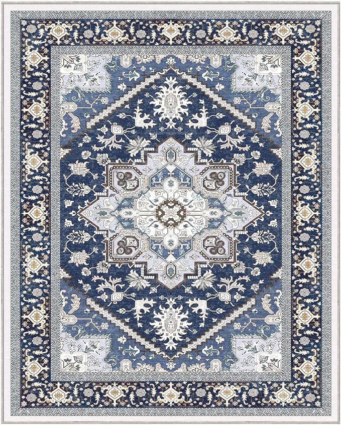 OPPODREAM Soft 8x10 Area Rugs for Living Room, Washable 8x10 Rugs for Bedroom with Non Slip Backing, Faux Cashmere Low-Pile 8 x 10 Carpet, Navy Blue & Gold