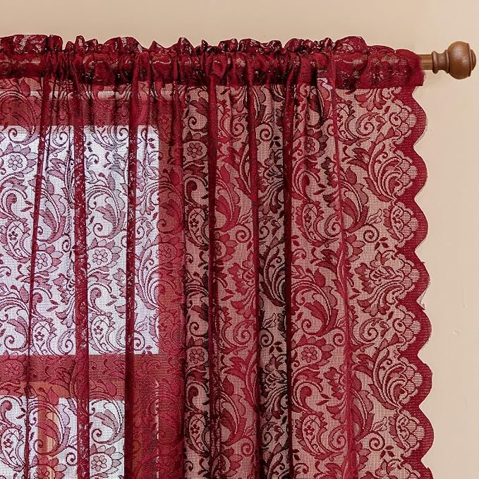 ALIGOGO Burgundy Sheer Curtains 54 Inch Length, 2 Panels, Vintage Floral Short Red Lace Cafe Curtains for Kitchen Bathroom Laundry Room, Light Flitering Farmhouse Decor, 52W x 54L Inch, Maroon