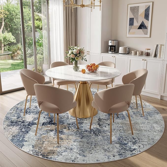 WITSHOCK Area Rugs 8ft Round Living Room Rug - Washable Neutral Soft Low Pile Non-Slip Modern Abstract Thin Large Indoor Carpet for Bedroom Dining Room Nursery Office - Dark Blue Brown