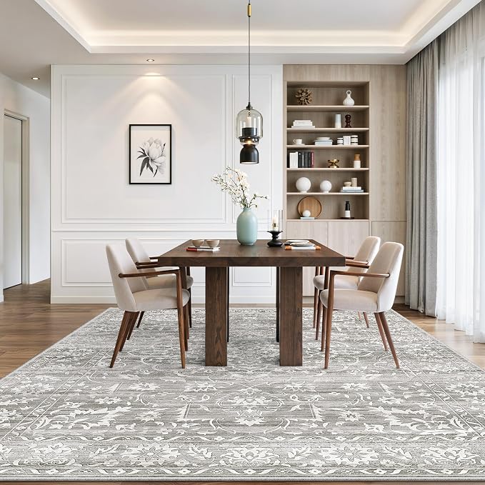 Soalmost 9x12 Area Rugs for Living Room, Washable Neutral Soft Rug Grey | Vintage Floral Non-Slip Low Pile Stain Resistant Throw Large Carpet for Dining Room Bedroom Kitchen Home Office 9'x12'