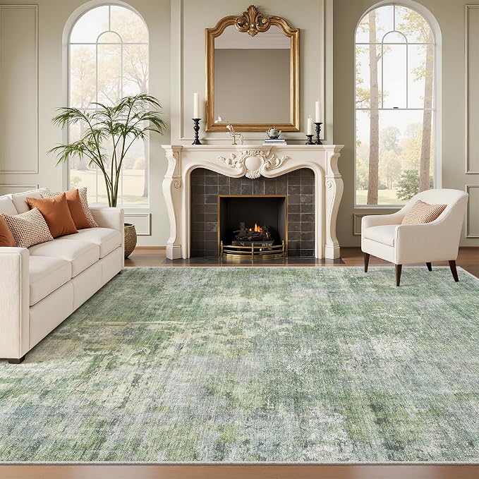 Soalmost 7x10 Area Rug for Living Room Washable Abstract Vintage Soft Thin Indoor Floor Non-Slip Carpet for Bedroom Dining Room Green Ivory