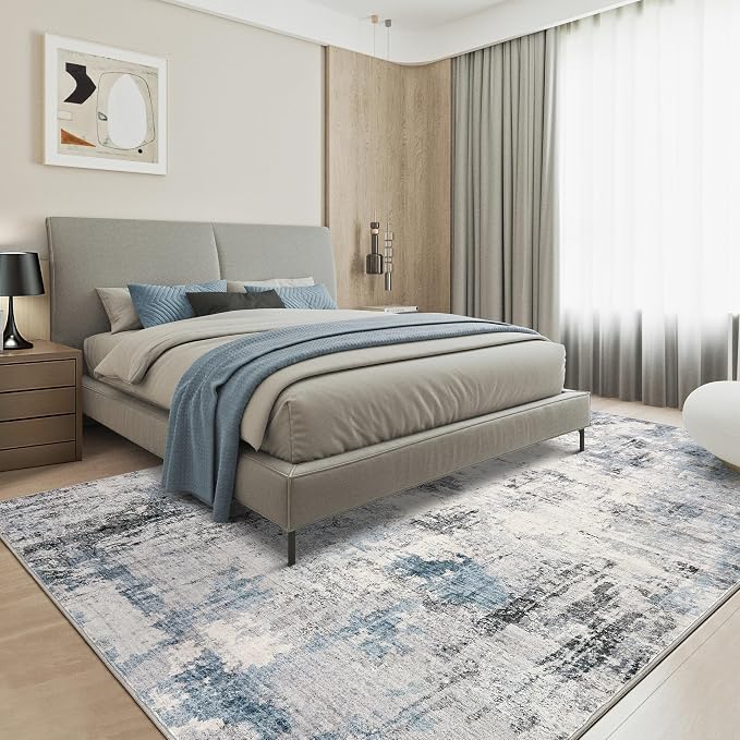 Abstract 8x11 Area Rug: Machine Washable Non Slip Ultra Thin Low-Pile Carpet, Soft Stain Resistant for Living Dining Room Bedroom, Kid Pet Friendly, Robot Vacuum Compatible - Grey Blue
