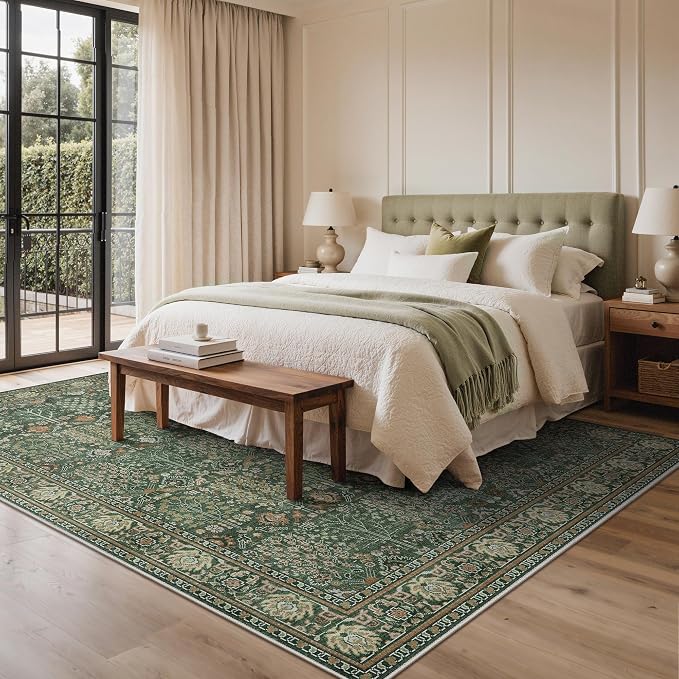 Bavni Washable Rugs 9x12 Machine Washable Rug Lightweight Low Pile, Vintage Floral Rug Non-Shedding Distressed Throw Carpet for Living Room Bedroom Office, Forest Green