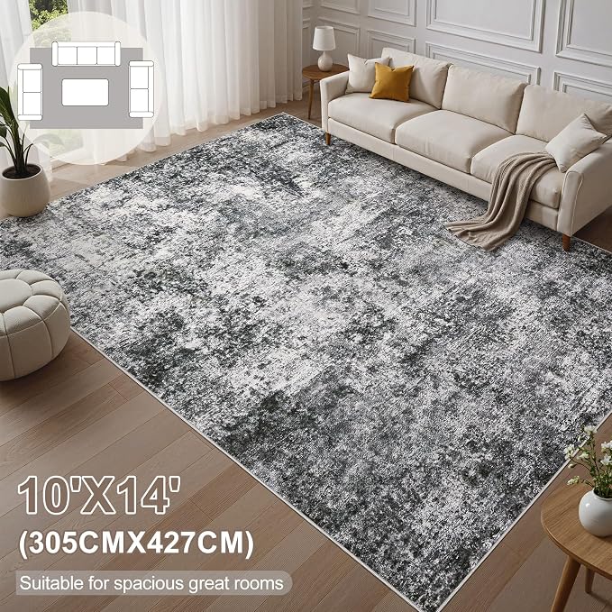 DMOYEST Area Rug Living Room Rugs - 10x14 Abstract Large Soft Indoor Washable Rug Neutral Modern Low Pile Carpet for Bedroom Dining Room Farmhouse Home Office - Grey