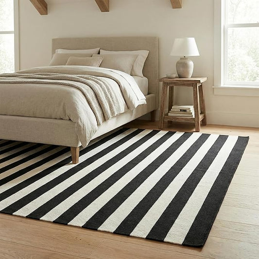 Fab Habitat Machine Washable Area Rug - Hand Woven, Stain Resistant, Pet Friendly - Premium Recycled Polyester Yarn - Stripes - Bedroom, Living/Dining Room - Nantucket - Black & White - 6 x 9 ft