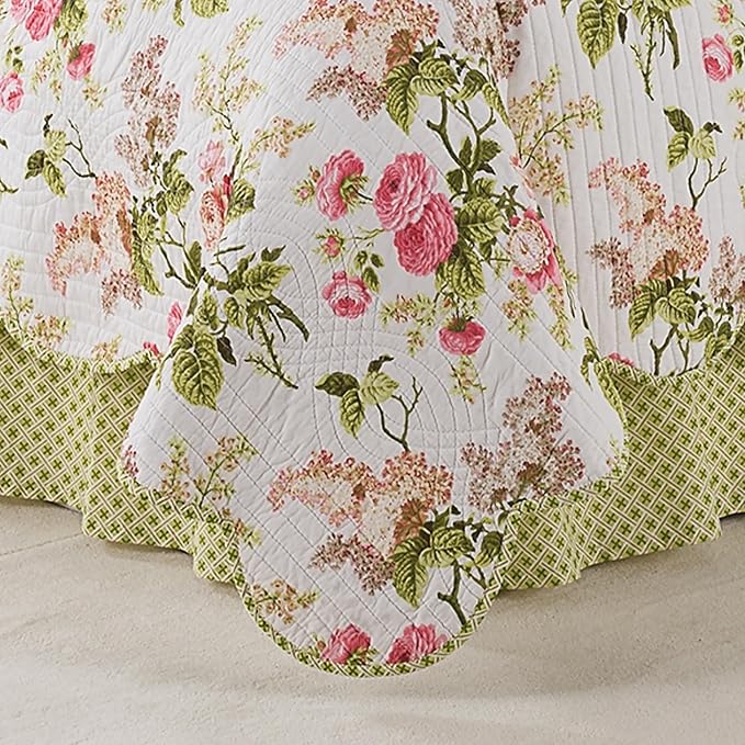 Waverly Emma’s Garden 4-Piece Quilt Set – King - Blossom Floral Print - 100% Cotton with Scalloped Edge & Striped Bed Skirt