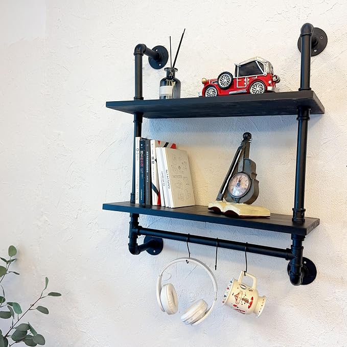 Industrial Pipe Bathroom Shelves Shelving 24" Black Floating Shelves | For Bathroom with Towel Bar Hooks,Kitchen Wall Mounted Shelves Coffee Bar Shelf for Living Room Bedroom