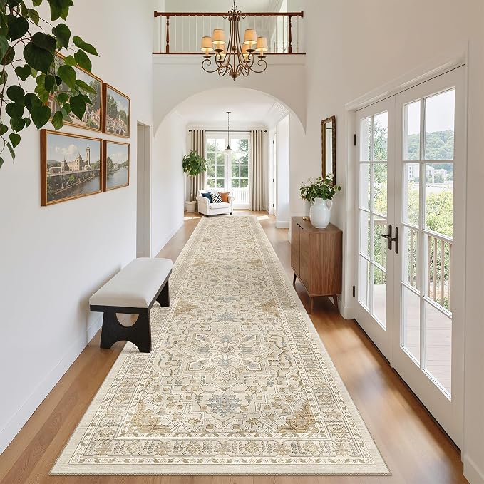 Madane Hallway Runner Rug 2'6''x14' Kitchen Runners Vintage, Beige/Blue | Long Non-Slip Washable Rugs 14ft for Entryway Laundry and Bedroom, Soft Low Pile Stain-Resistant 2.5x14 Ft Floor Carpet