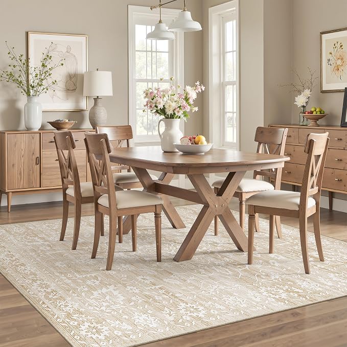 Soalmost 5x7 Area Rugs for Living Room, Washable Neutral Soft Rug Beige | Vintage Floral Non-Slip Low Pile Throw Large Carpet for Dining Room Bedroom Kitchen Home Office Nursery 5'x7'