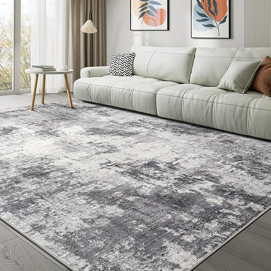 Abstract 11x14 Area Rug: Machine Washable Non Slip Ultra Thin Low-Pile Carpet, Soft Stain Resistant for Living Dining Room Bedroom, Kid Pet Friendly, Robot Vacuum Compatible - Grey