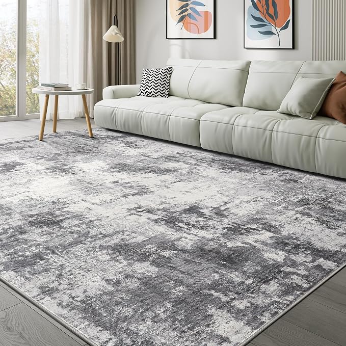 Abstract 10x14 Area Rug: Machine Washable Non Slip Ultra Thin Low-Pile Carpet, Soft Stain Resistant for Living Dining Room Bedroom, Kid Pet Friendly, Robot Vacuum Compatible - Grey