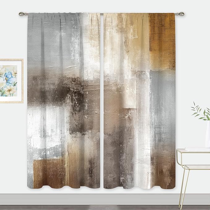 MESHELLY Grey Brown Curtains 52Wx84H Inch Rod Pocket Abstract Vintage Rust Tan Beige Modern Oil Painting Contemporary Bedroom Window Drapes Neutral Earth Tone Printed Living Room Window Treatment