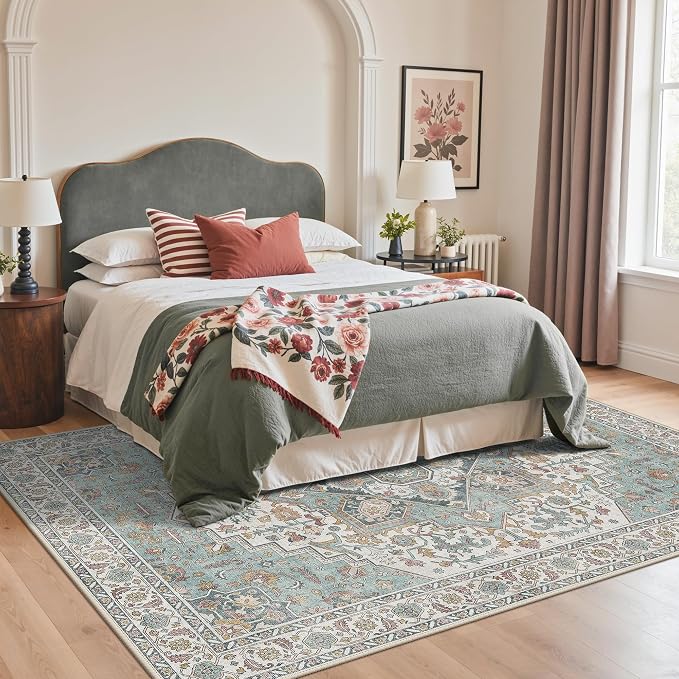 GENIMO 8x10 Area Rugs for Living Room, Machine Washable Non Slip Rugs, Low Pile Lightweight Print Rug for Bedroom, Dining Room, Home Office, Vintage White/Teal