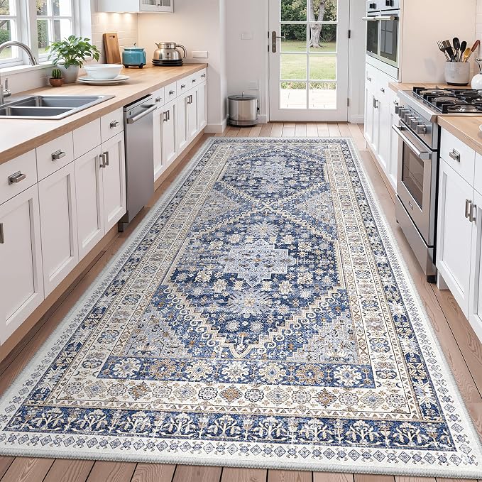 zesthome 4x10 Runner Rug, Washable Hallway Runner Rug with Non-Slip Backing, Low Pile Wide Runner for Living Room, Entryway, Kitchen, Soft Modern Home Decor Mat for Dining Room(Blue/Beige,4'x10')