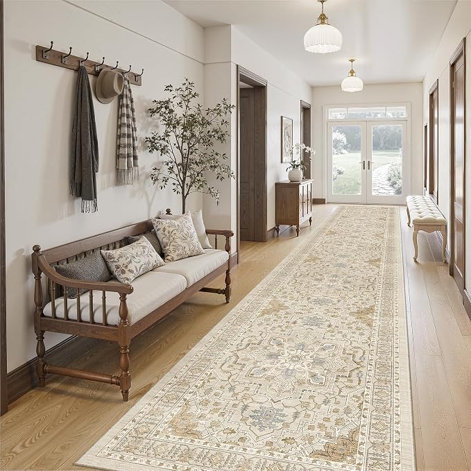 Madane Hallway Runner Rug 2'6''x16' Kitchen Runners Vintage, Beige/Blue | Long Non-Slip Washable Rugs 16ft for Entryway Laundry and Bedroom, Soft Low Pile Stain-Resistant 2.5x16 Ft Floor Carpet