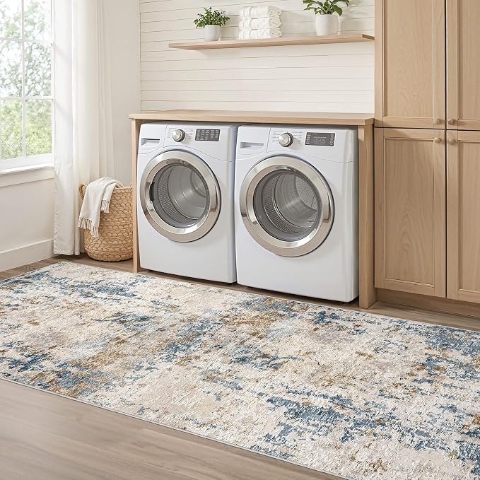 Runner Rug Kitchen Washable Rugs: 3x10 Non-Slip Abstract Soft Modern Stain Resistant Indoor Floor Neutral Accent Throw Carpet for Hallway Bathroom Laundry Room Entryway Bedroom- Blue Tan