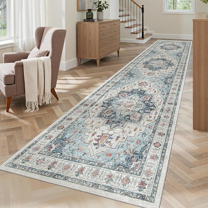 Madane Hallway Runner Rug 2'6''x10' Blue, Washable Vintage Kitchen Runners | Non-Slip Rugs 10ft for Laundry Room, Entryway and Bedroom, Soft Low Pile Stain-Resistant Wide 2.5x10 Ft Floor Carpet