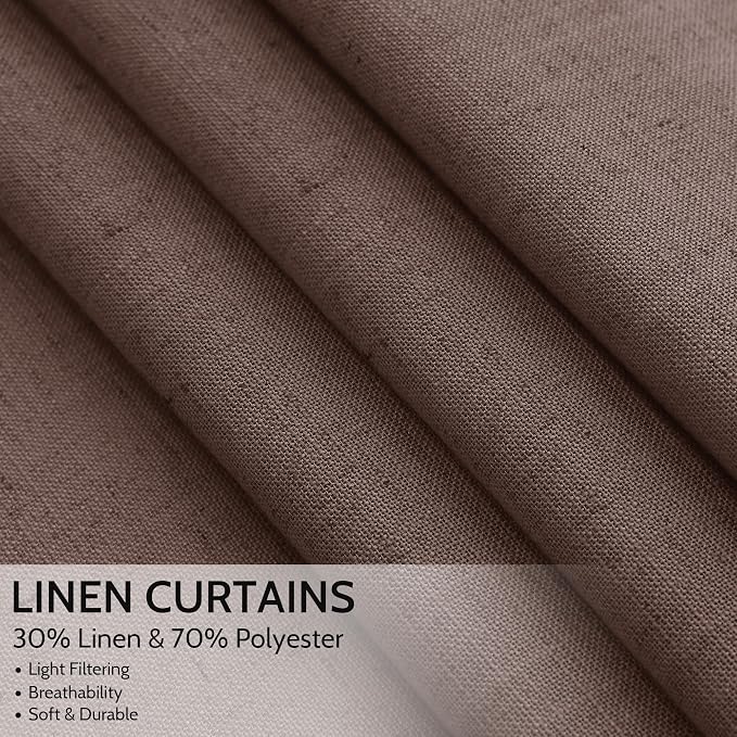 Nanspring Cappuccino Linen Blend Light Filtering Back Tab Curtains 102 Inches Long, Semi Sheer Privacy Drapes for Living Room & Bedroom, 52x102 inch, 2 Panels