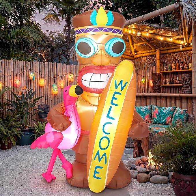Shappy 5 FT Inflatable Tiki Flamingo Decoration with LED Lights, Hawaiian Luau Party Decor, Tropical Tiki Totem Blow Up for Summer Beach Party, Outdoor Yard Lawn Garden Decoration