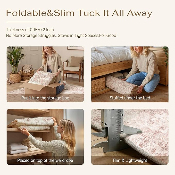 6x9 Washable Neutral Area Rug Pink Vintage Living Room Bedroom Carpet Non-Slip Soft Low Pile Farmhouse Indoor Throw Rug for Dining Room Entryway Office