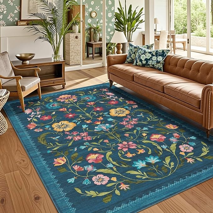 GarveeHome Washable Rug 9x12 Area Rugs for Living Room, Floral Rug for Bedroom, Soft Vintage Non Slip Throw Rugs with Rubber Back, Low Pile Stain Resistant Boho Floral Carpet for Dining Room, Blue