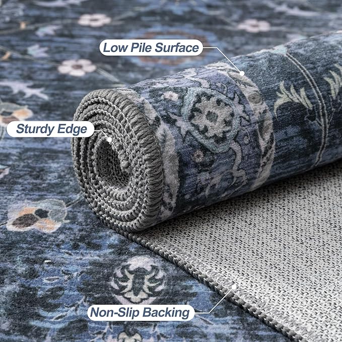 Tangsoo 3x10 Runner Rugs for Hallway Non Slip, Washable Long Rug Runner Boho Vintage Floral Rugs, Distressed Blue Black Soft Low Pile Indoor Runners for Entryway,Living Room,Kitchen,Kids&pets Friendly