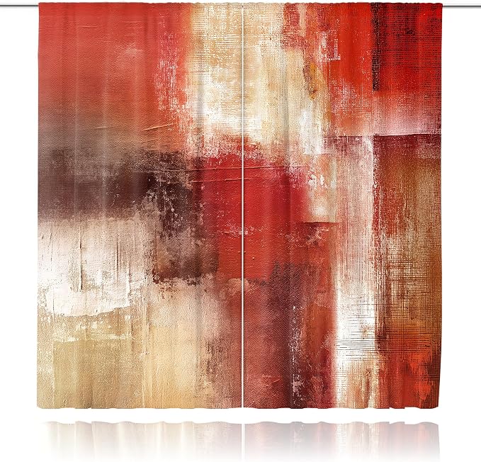 MESHELLY Abstract Red Curtains 42Wx63H Inch Rod Pocket Rustic Burgundy Brown Blocks Oil Painting Farmhouse Bedroom Window Drapes Modern Aesthetic Printed Living Room Window Treatment