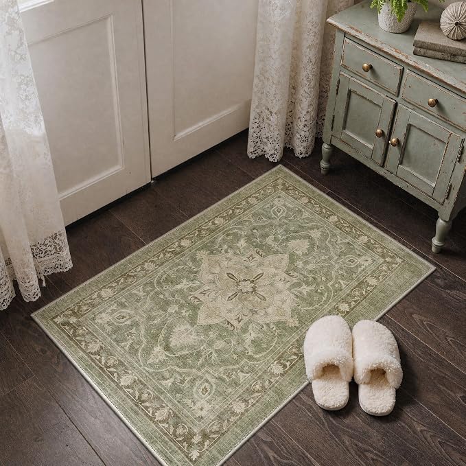 GENIMO 5x7 Area Rug for Living Room, Machine Washable Non Slip Low Pile Lightweight Print Pattern, Bedroom Dining Room Home Office Floral Medallion Sage Green