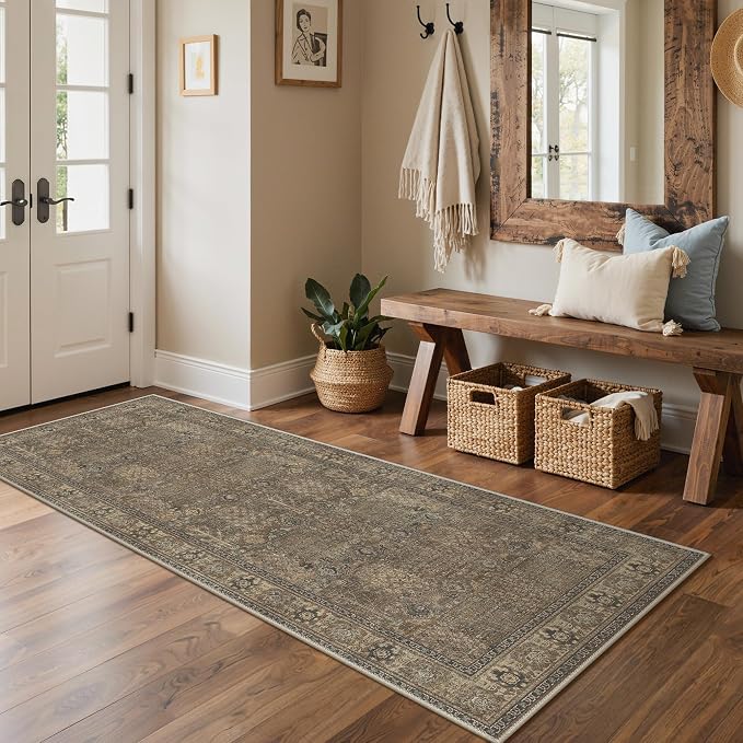 Bavni Washable Rugs 5x7 Machine Washable Rug Lightweight Low Pile, Vintage Floral Rug Non-Shedding Distressed Throw Carpet for Living Room Bedroom Office, Brown