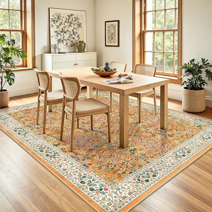 6x9 Area Rugs, Washable Floral Area Rugs for Living Room, Indoor Area Rug for Bedroom, Dining Room, Low Pile Non-Slip Non Shedding Rug(Orange Floral)