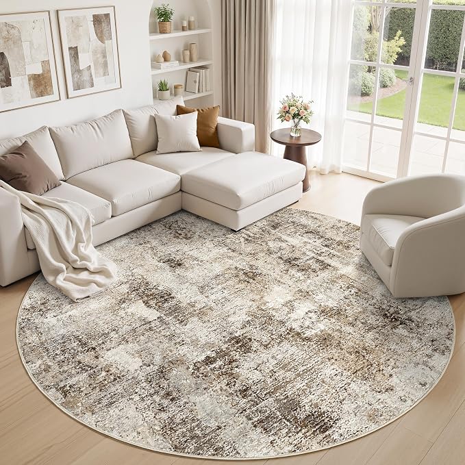 WITSHOCK Area Rugs 8ft Round Living Room Rug - Washable Neutral Soft Low Pile Non-Slip Modern Abstract Thin Large Indoor Carpet for Bedroom Dining Room Nursery Office - Dark Brown