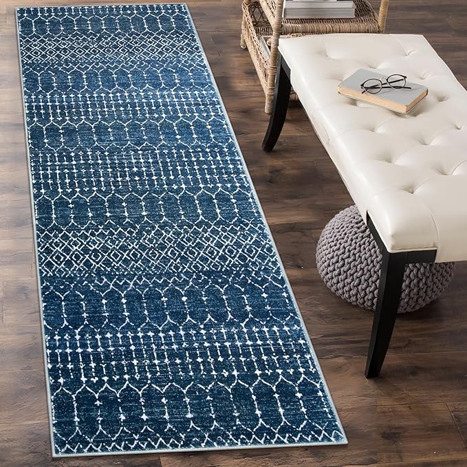 Lahome Moroccan Extra Long Runner Rugs for Hallways, 2.5x12 Rug Runner Washable Ultra-Thin Carpet Non Slip, Faux Wool Soft Modern Floor Print Mat for Entryway Stair (Blue, 2'5''x12') Hana