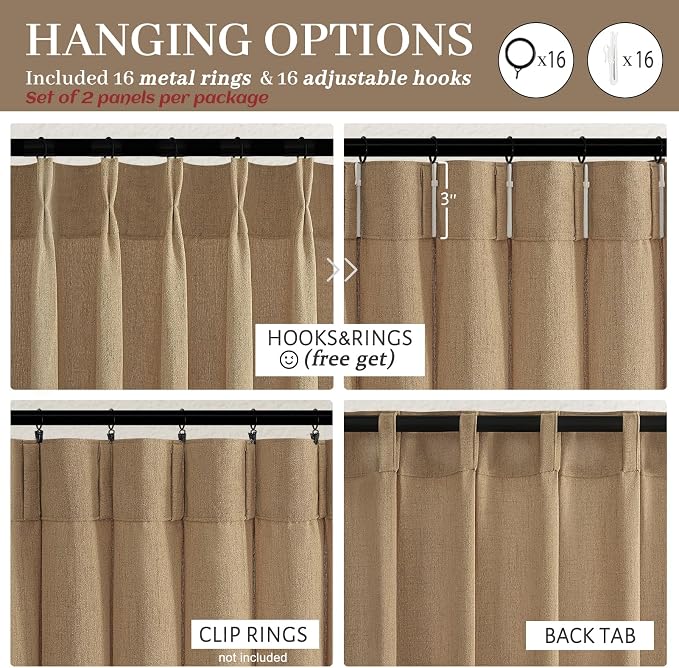 Pleated Linen Rust Brown Curtains 84 Inches Long 2 Panels Set for Bedroom, Memory Trained Pinch Pleat Light Filtering Semi Sheer Window Drapes Living Room Rustic Curtain 84 Inch Length with Back Tab