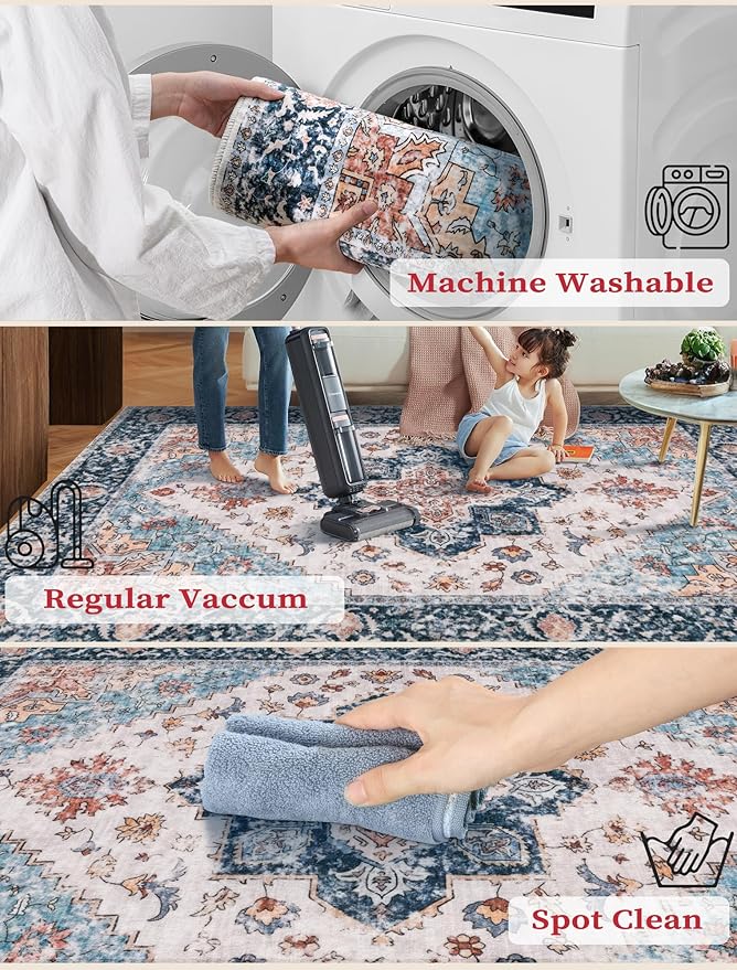 SERISSA Boho Washable Runner Rug, 2'6"x10' Long Non-Slip Vintage Blue Orange Hallway Kitchen Stair Runner Rug Ultra Soft Print Distressed Floor Carpet for Bedroom Bathroom Laundry Room