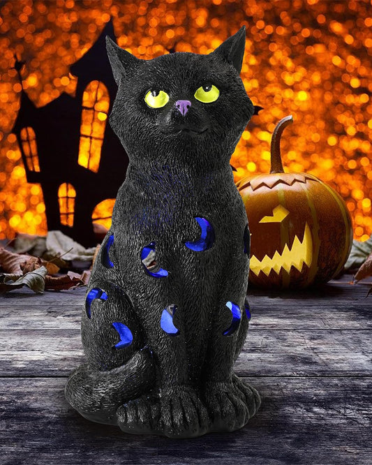 Black Cat Decor Halloween Decorations - 7.3'' Tall Resin Figurine with Moon Cutouts Color-Changing LED Flickering Lights (Halloween Cat)