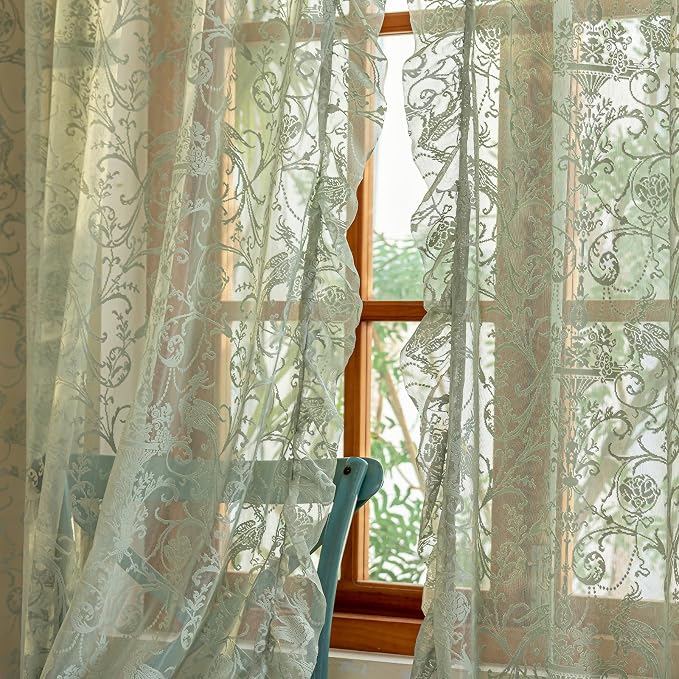 TUDECO Light Green Curtains 72 Inch Length - Aesthetic Green Floral Curtains 2 Panels, Embroidered Sheer Bohomian Ruffled Green Lace Curtain for Boys Bedroom Hallway, 59 x 72 Inch, Sage Green