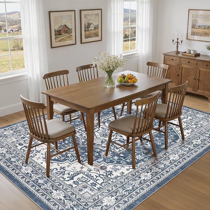 UERMEI 10x12 Area Rug for Living Room - Washable Vintage Carpet, Non-Slip Soft Large Indoor Floor Rugs for Bedroom Home Office & Under Dining Table Decor, Denim Blue/White