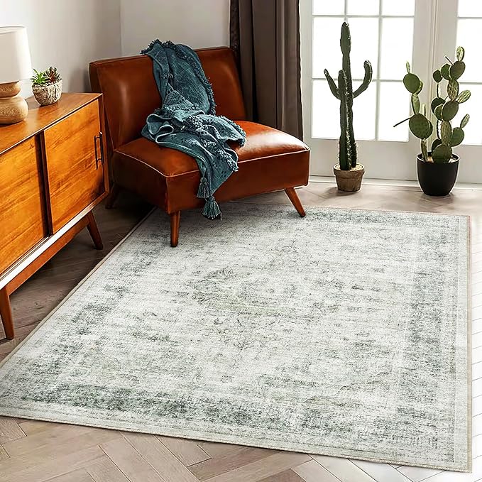 CHAMPLANT Washable Area Rug 4'x6' Floral Green Vintage Traditional Floor Cover Foldable Thin Rugs Retro Kitchen Indoor Distressed Non Slip Carpet Floral Print Mat Bedroom Living Room