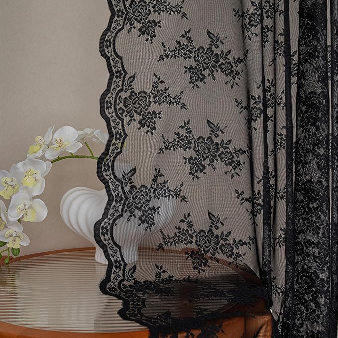 MEETSKY Black Lace Curtains 72 Inch Length 2 Panels Set, Victorian Vintage Gothic Sheer Light Filtering Rod Pocket Drapes for Halloween Decor, Each Panel 50" W x 72" L #2 Black