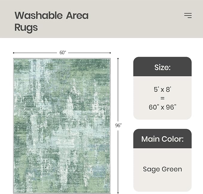 Valenrug Washable Rugs 5x8 - Stain Resistant 5x8 Area Rugs for Living Room, Non Slip Backing Abstract Rugs for Bedroom, Folable Machine Washable Area Rug(5'x8', Sage Green)