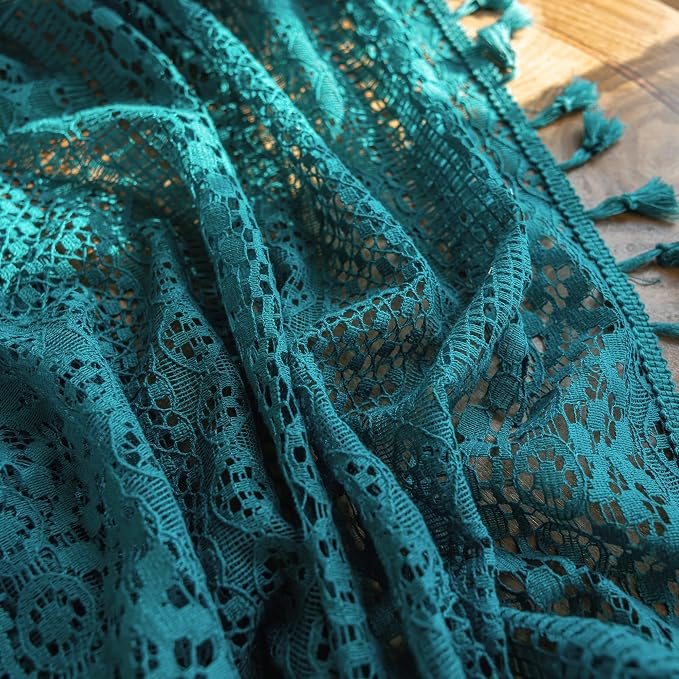 WAZZIO Boho Lace Curtains 45 Inches 2 Panel,Light Filtering Privacy Tassel & Geometry Crochet Semi Sheer Curtain Drapes for Bedroom Living Dining Room,Rod Pocket & Tassel,Coastal Style,Teal