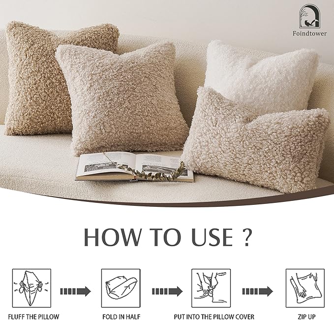 Foindtower 2 Pieces 24x24 Inch Neutral Cream, Faux Fur Throw Pillow Cover Accent Sherpa Pillow Fuzzy Soft Pillowcases Sheepskin Decorative Fleece Cushion Case for Bed Couch Living Room
