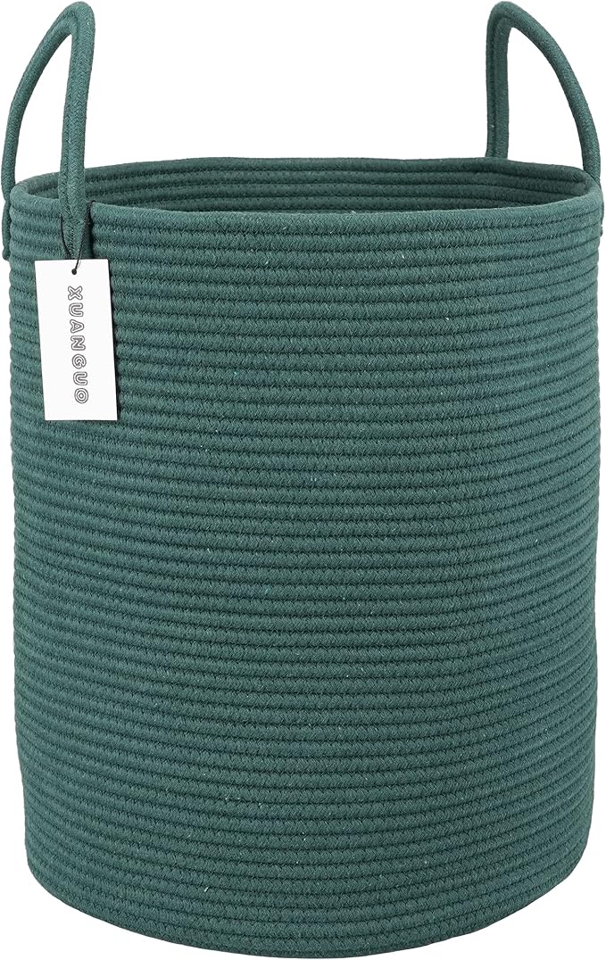 XUANGUO Cotton Rope Laundry Basket Hamper for Clothes Woven Storage Basket for Living Room Bedroom Boho Tall Rope Baskets for Blanket Toys Pillow Towels Baby Nursery Hamper Bin Large dark green